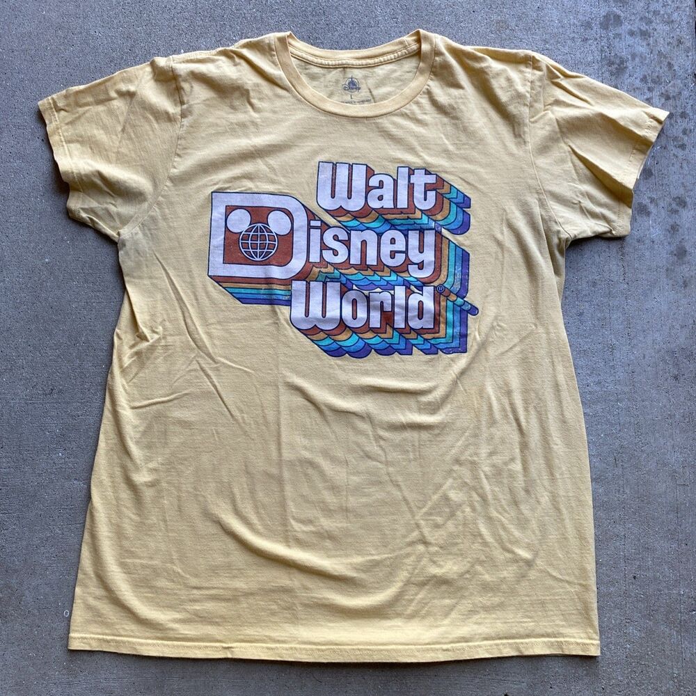 Walt Disney World Large Retro 70s Logo Yellow Rainbow Graphic T-Shirt Park Land